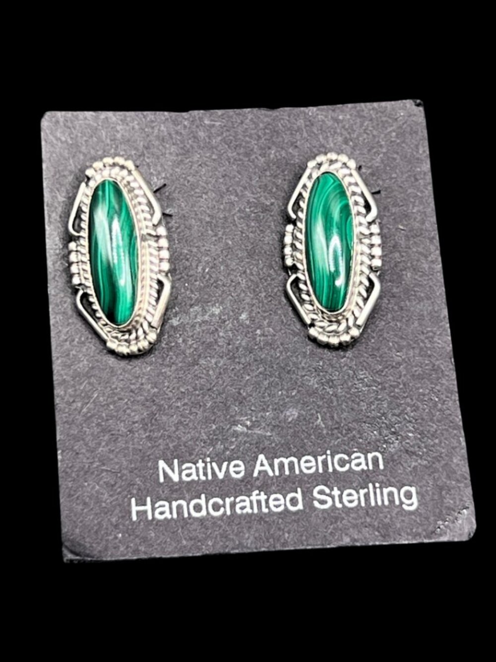 Vintage Native American Sterling Silver and Green Malachite Post Earrings - Picture 8 of 9